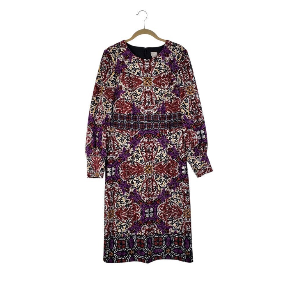 Chicos Long Sleeve Midi Sheath Dress Medallion Print Warm Multi Womens 1 US 8/10